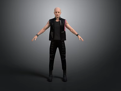 Bald Man In Black Vest With Studded Pants And Boots Arms Outstretched Gray Background 3d model