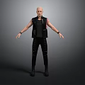 Bald Man In Black Vest With Studded Pants And Boots Arms Outstretched Gray Background