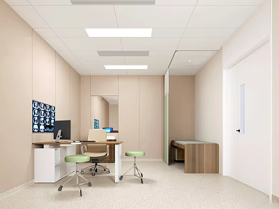 Examination Room With Beige Walls White Ceiling Strip Lights X ray Board Computer Green Chairs 3d model