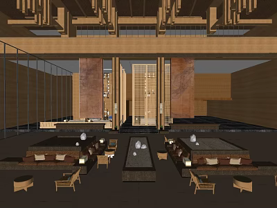 Elegant Modern Hotel Lobby Interior With Wooden Chandeliers And Seating Areas 3d model