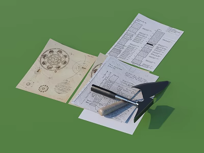 Documents And Tool On Green Surface With Blueprint And Forms 3d model