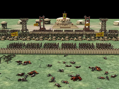 Ancient Battlefield Scene With Army Soldiers Tents Towers And Flags 3d model