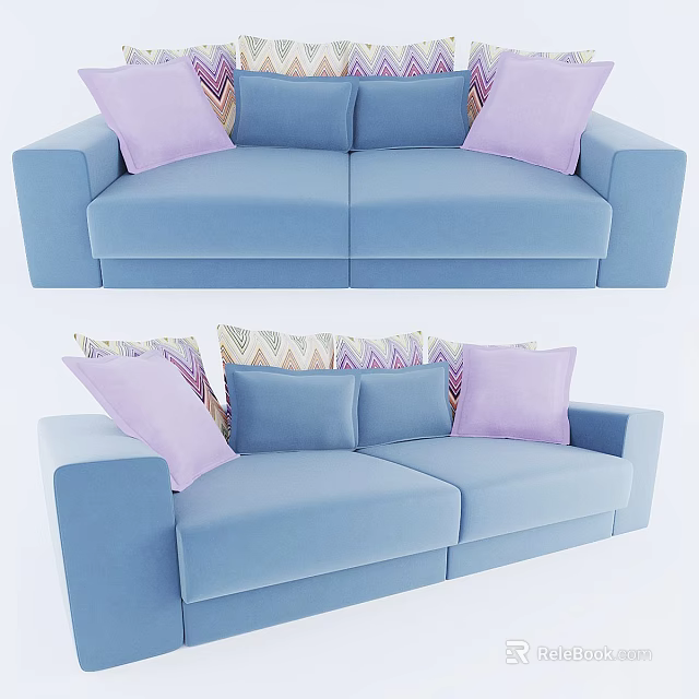 Blue Multi Seater Sofa With Purple Pillows And Geometric Patterned Accents 3d model