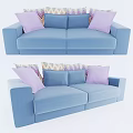 Blue Multi Seater Sofa With Purple Pillows And Geometric Patterned Accents 3d model