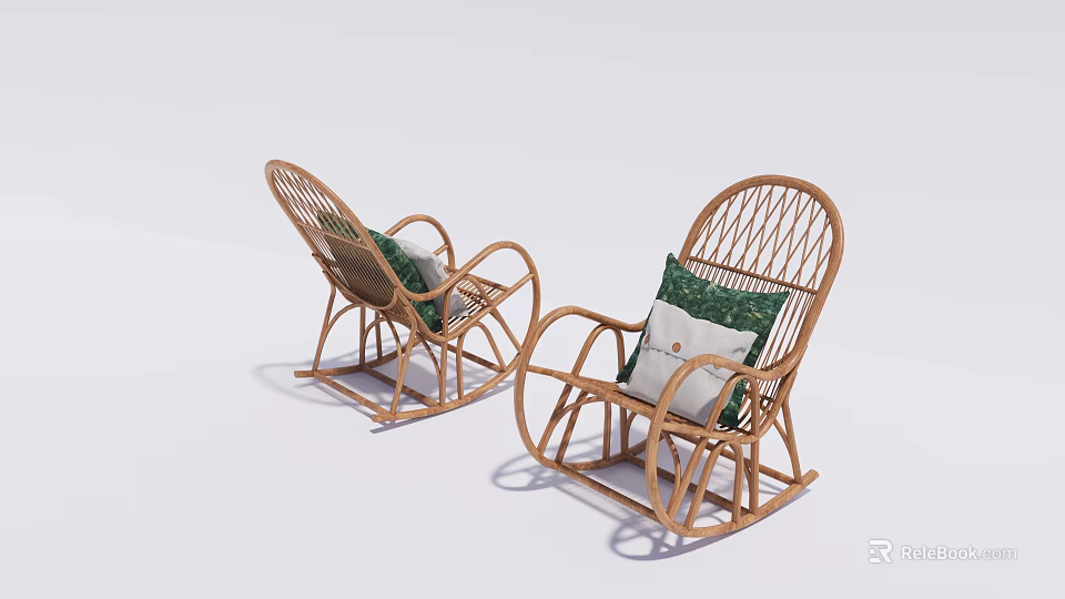 Wicker Rocking Chairs With Green And White Cushions For Comfortable Relaxation 3d model 