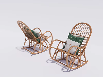 Wicker Rocking Chairs With Green And White Cushions For Comfortable Relaxation 3d model