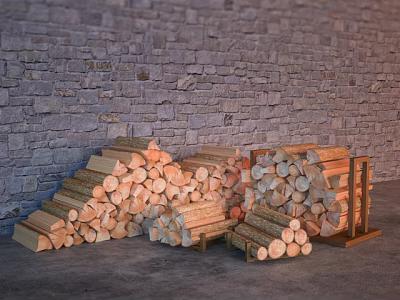 Rustic Stone Wall Background With Stacked Wood Logs And Wooden Racks 3d model
