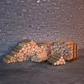 Rustic Stone Wall Background With Stacked Wood Logs And Wooden Racks