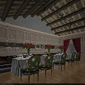 Elegant Private Dining Room With White Tablecloths Wooden Ceiling And Decorative Flowers