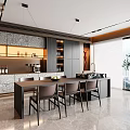 Modern Restaurant Interior With Patterned Cabinets Dining Table Chairs Pendant Lights And City View 3d model