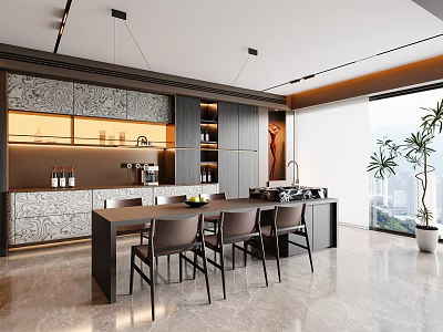 Modern Restaurant Interior With Patterned Cabinets Dining Table Chairs Pendant Lights And City View 3d model