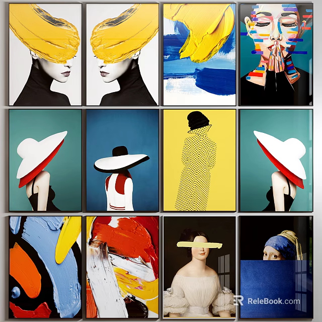 Modern Portrait Paintings Featuring Colorful Figures Wide Brim Hats And Abstract Backgrounds 3d model 