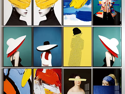 Modern Portrait Paintings Featuring Colorful Figures Wide Brim Hats And Abstract Backgrounds 3d model