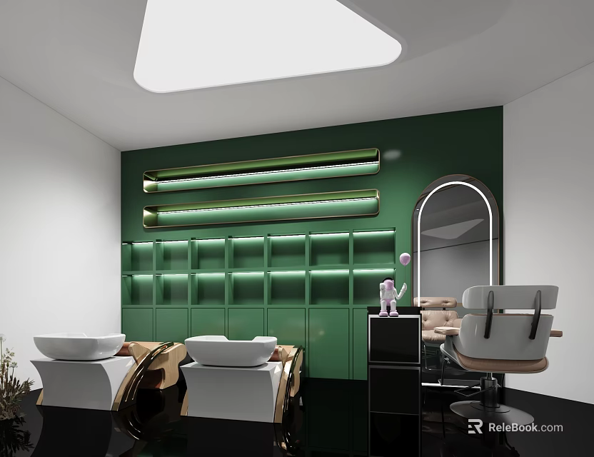 Modern Beauty and Hair Salon Interior with Green Walls LED Lights Mirror and Stylish Chairs 3d model 