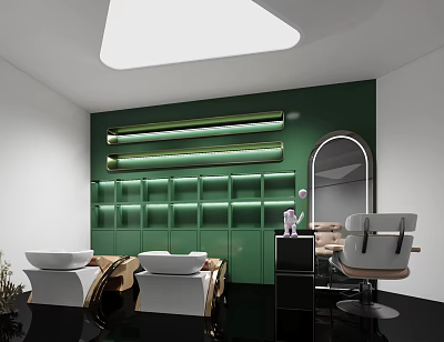 Modern Beauty and Hair Salon Interior with Green Walls LED Lights Mirror and Stylish Chairs 3d model