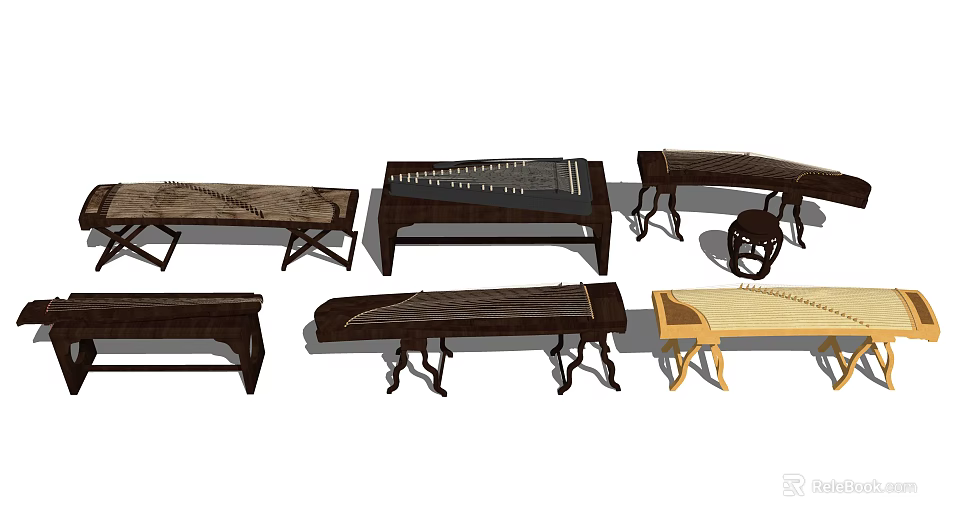 Traditional Chinese Guzheng Musical Instruments With Hand Painted Art And Wooden Frames 3d model 