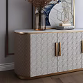 Modern Elegant Entryway Side Cabinet With Geometric Pattern Golden Handles And Vases With Dried Flowers
