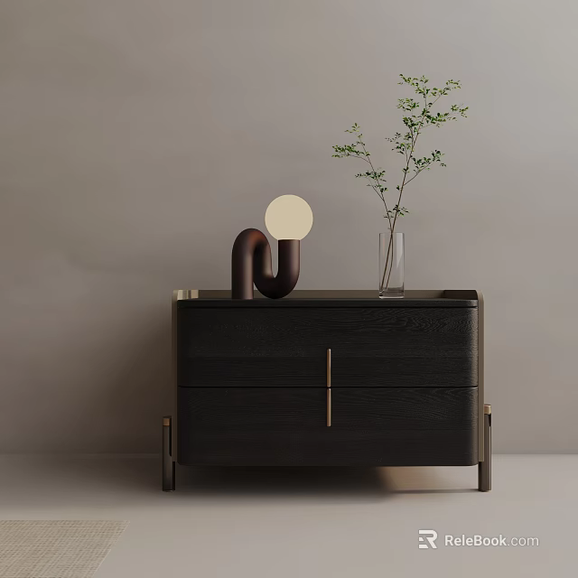 Modern Dark Wood Side Table with Drawer and Gold Handles Lamp and Green Plant Vase 3d model 