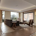 Modern Living and Dining Room Open Concept with Gray Sofa Beige Armchair Marble Accent Wall