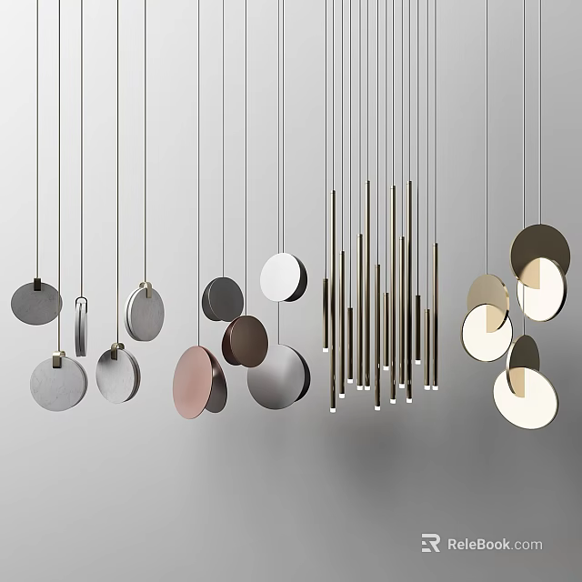 Modern Pendant Lights With Circular And Linear Metal Shades In Contemporary Hanging Design 3d model 