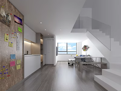 Modern Style Apartment With Wooden Wall Sticky Notes Open Kitchen Staircase Desk And Window 3d model