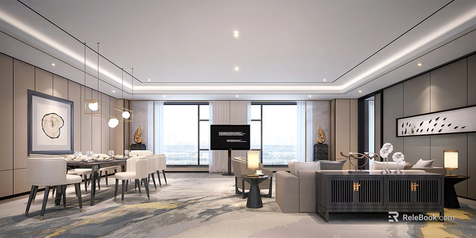 Modern Hotel Guest Room Featuring Large Windows City View Hanging Lights And Sofa Area 3d model 