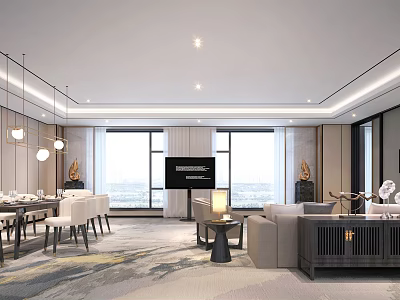 Modern Hotel Guest Room Featuring Large Windows City View Hanging Lights And Sofa Area 3d model