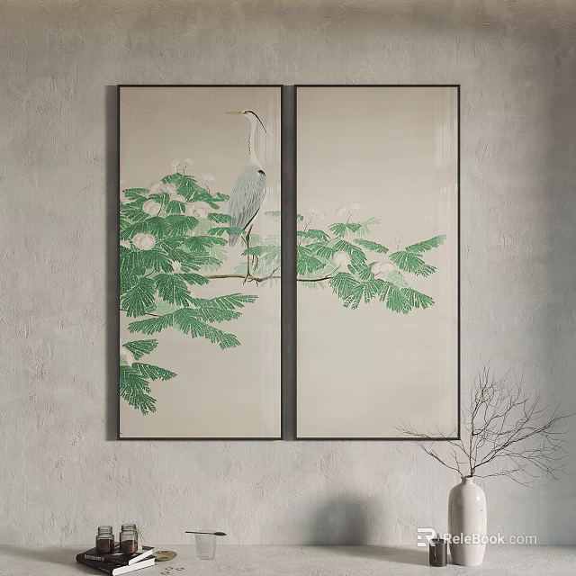 Two Panel Decorative Wall Art With White Egret And Green Leafy Branches 3d model