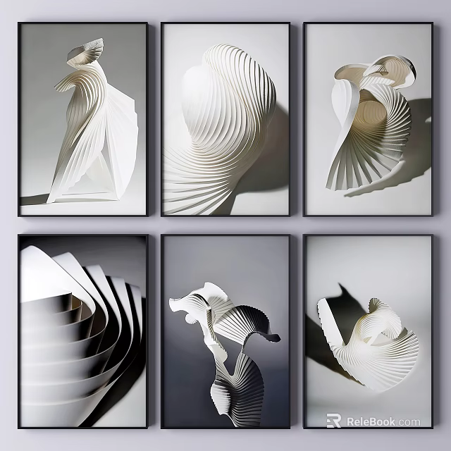 Modern Art Decor With White 3D Spiral Wave Design In Black Frame On Gray Background 3d model 