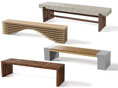 Stylish Outdoor Benches In Various Designs With Wooden Frames Slatted Seats And Concrete Bases 3d model