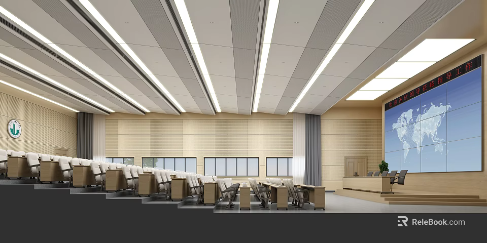 Spacious Conference Room With Ceiling Strip Lights Wooden Walls Multiple Desks And Chairs Podium 3d model 