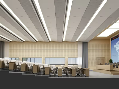 Spacious Conference Room With Ceiling Strip Lights Wooden Walls Multiple Desks And Chairs Podium 3d model
