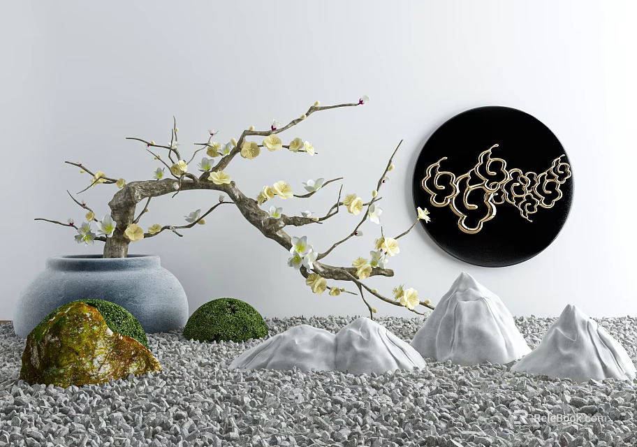 Courtyard Garden With Plum Blossom Branch Vase Circular Decorative Plate Rockery Stones And Gravel 3d model 