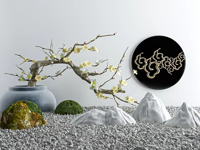 Courtyard Garden With Plum Blossom Branch Vase Circular Decorative Plate Rockery Stones And Gravel 3d model