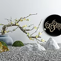 Courtyard Garden With Plum Blossom Branch Vase Circular Decorative Plate Rockery Stones And Gravel