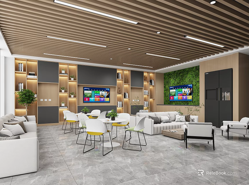 Cozy Lounge Area Interior Design With Sofas Tables TVs Green Plant Wall And Bookshelves 3d model 