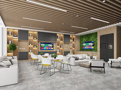 Cozy Lounge Area Interior Design With Sofas Tables TVs Green Plant Wall And Bookshelves 3d model