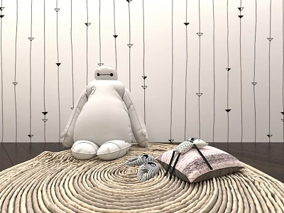 Cute White Stuffed Doll On Woven Rug With Striped Pink Pillows Against Arrow Patterned Wall 3d model