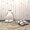 Cute White Stuffed Doll On Woven Rug With Striped Pink Pillows Against Arrow Patterned Wall