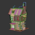 Two Story Wooden House Model With Sloped Roof Porch Windows And Chimney