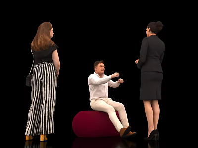 Three People Interacting Man Sitting On Red Round Stool Women Standing Talking Black Background 3d model