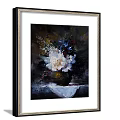 Framed Botanical Floral Painting With Vase Of White Flowers And Tablecloth