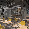 Restaurant Interior with Black Lattice Partition Blue Accent Wall Yellow Gray Chairs and Wooden Tables
