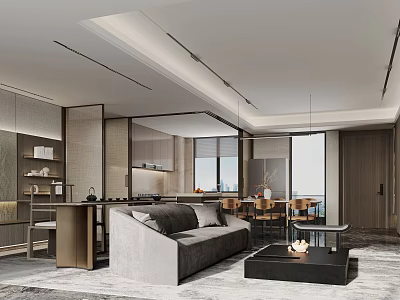 Modern Living and Dining Room With Gray Sofa Dining Table And Floor to Ceiling Windows 3d model
