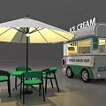 Functional Ice Cream Beach Bar Truck with Outdoor Green Table Chairs and White Umbrella