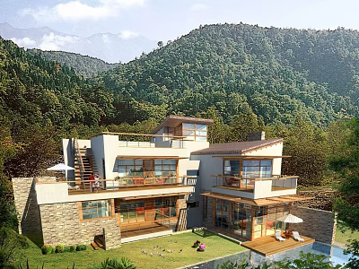 Modern Detached Villa with Large Windows Terrace Pool Surrounded by Lush Greenery and Mountain View 3d model