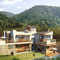 Modern Detached Villa with Large Windows Terrace Pool Surrounded by Lush Greenery and Mountain View