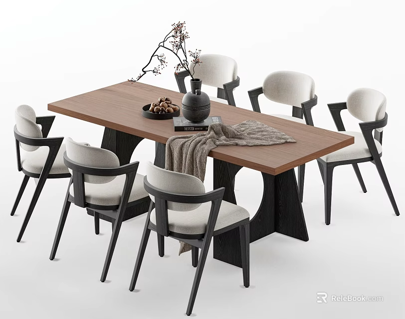 Modern Rectangular Wooden Dining Table And Chair Set With Upholstered Seats And Decor Items 3d model 