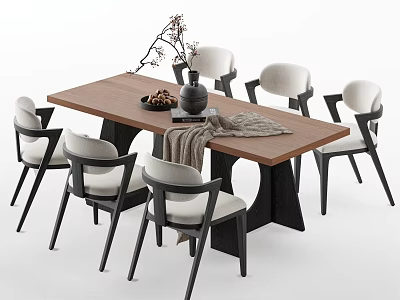 Modern Rectangular Wooden Dining Table And Chair Set With Upholstered Seats And Decor Items 3d model