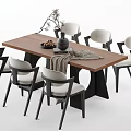 Modern Rectangular Wooden Dining Table And Chair Set With Upholstered Seats And Decor Items